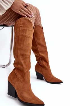 Online Modne Zamszowe Kozaki Kowbojki Camel Delia Damskie Kozaki Wiosenne|Kozaki Przed Kolano