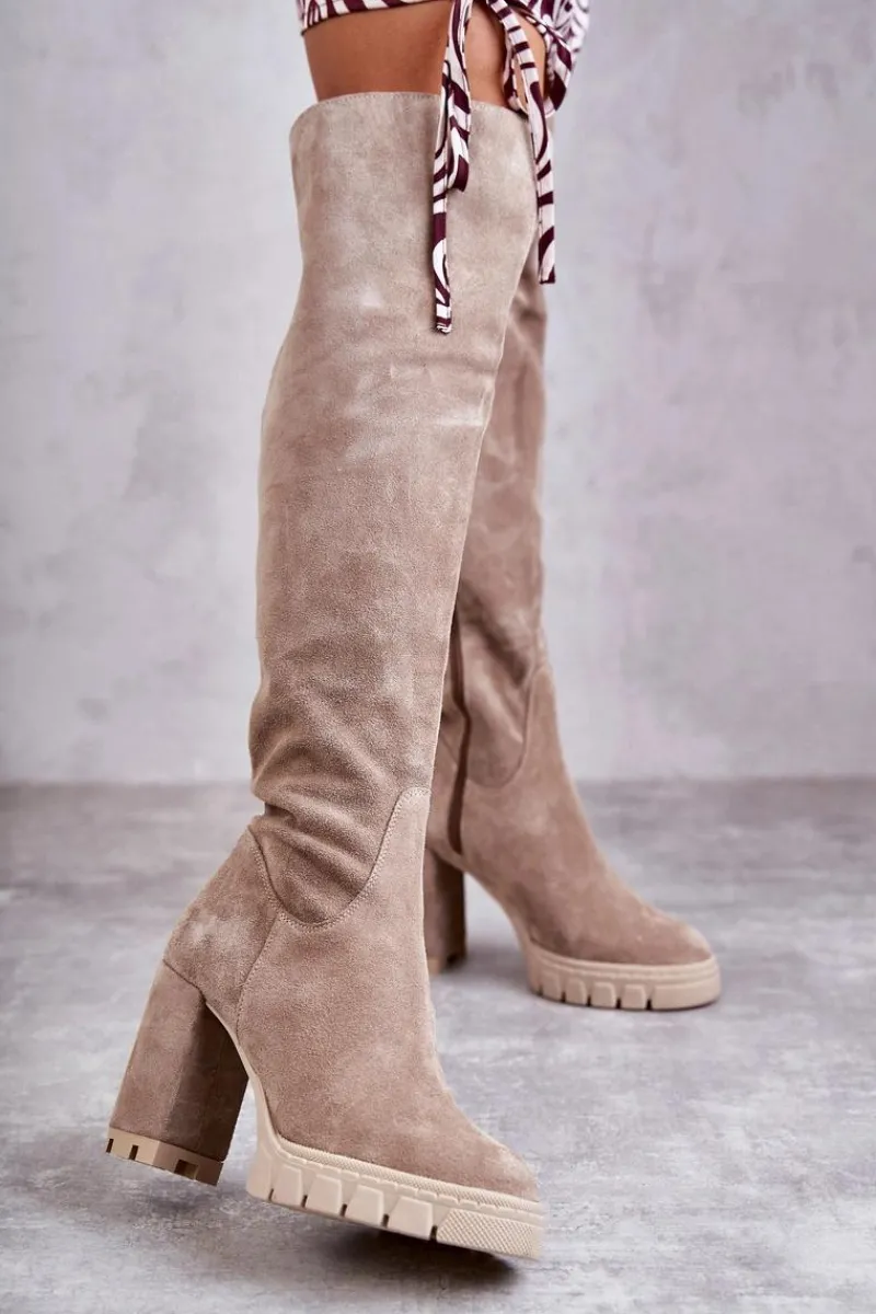 New Modne Zamszowe Kozaki Muszkieterki Beżowe Estrela Damskie Kozaki Wiosenne|Kozaki Za Kolano