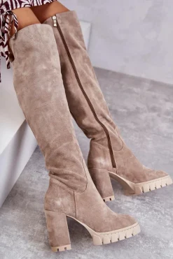 New Modne Zamszowe Kozaki Muszkieterki Beżowe Estrela Damskie Kozaki Wiosenne|Kozaki Za Kolano