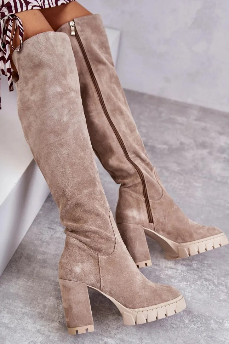 New Modne Zamszowe Kozaki Muszkieterki Beżowe Estrela Damskie Kozaki Wiosenne|Kozaki Za Kolano