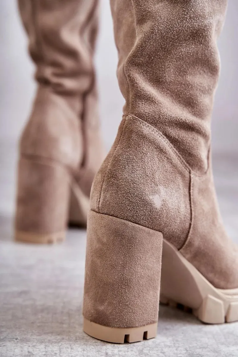 New Modne Zamszowe Kozaki Muszkieterki Beżowe Estrela Damskie Kozaki Wiosenne|Kozaki Za Kolano