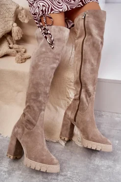 New Modne Zamszowe Kozaki Muszkieterki Beżowe Estrela Damskie Kozaki Wiosenne|Kozaki Za Kolano