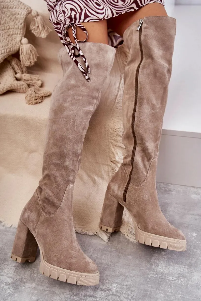 New Modne Zamszowe Kozaki Muszkieterki Beżowe Estrela Damskie Kozaki Wiosenne|Kozaki Za Kolano