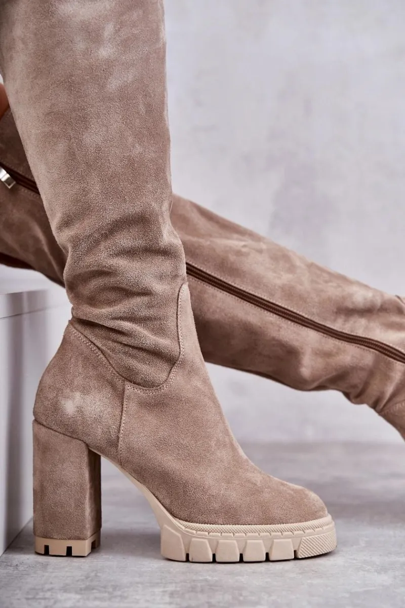 New Modne Zamszowe Kozaki Muszkieterki Beżowe Estrela Damskie Kozaki Wiosenne|Kozaki Za Kolano