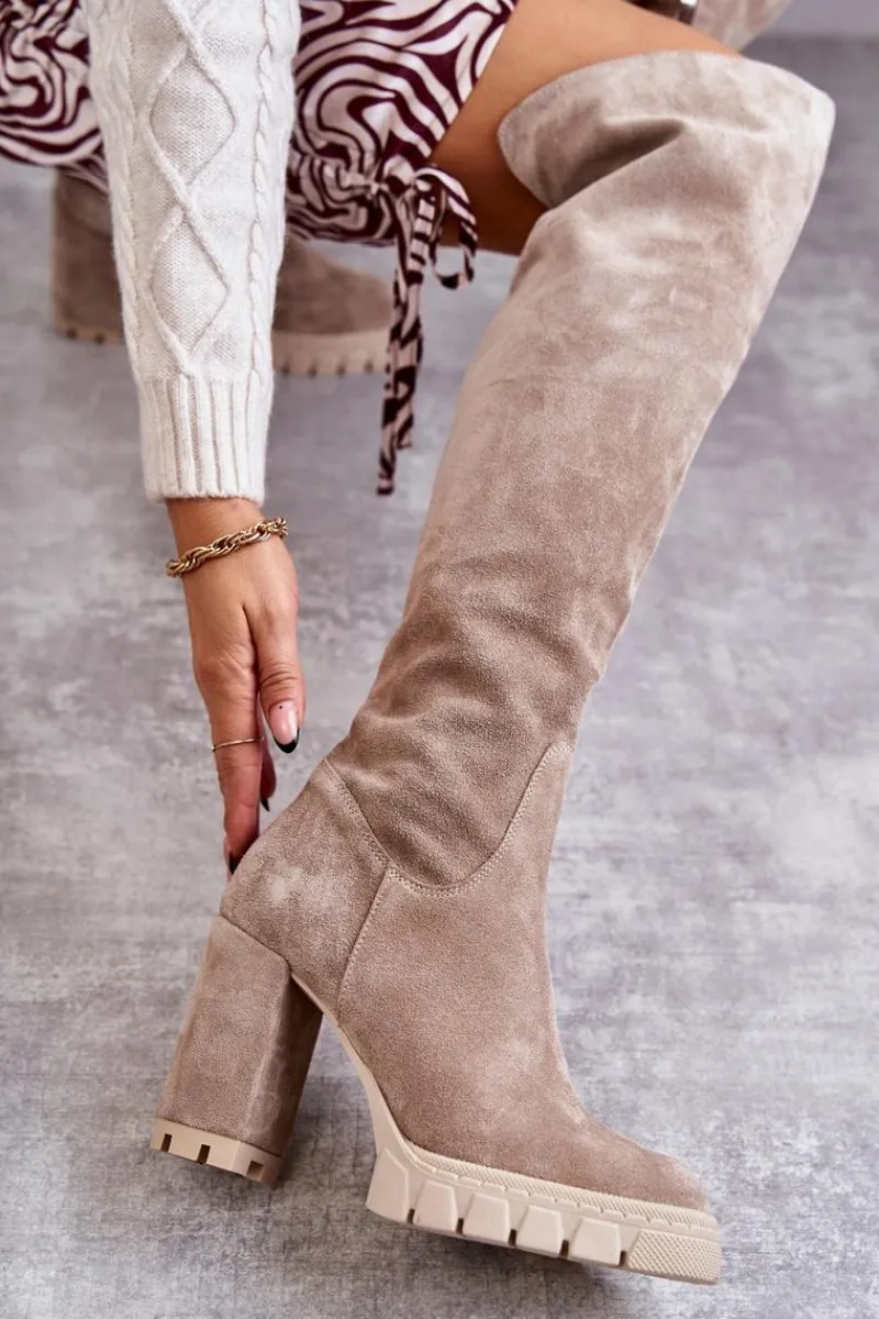 New Modne Zamszowe Kozaki Muszkieterki Beżowe Estrela Damskie Kozaki Wiosenne|Kozaki Za Kolano