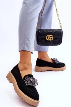 New Modne Zamszowe Mokasyny Z Kryształkami Czarne Demeris Damskie Loafersy Damskie|Mokasyny Płaskie