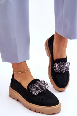 New Modne Zamszowe Mokasyny Z Kryształkami Czarne Demeris Damskie Loafersy Damskie|Mokasyny Płaskie