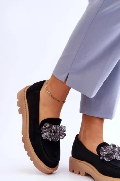 New Modne Zamszowe Mokasyny Z Kryształkami Czarne Demeris Damskie Loafersy Damskie|Mokasyny Płaskie