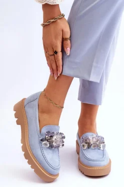 Buty damskie Vinceza Modne Zamszowe Mokasyny Z Kryształkami Niebieskie Demeris