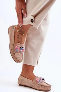 Modne Zamszowe Mokasyny Z Ozdobami Beżowe Delima Damskie Loafersy Damskie|Mokasyny Damskie Zamszowe