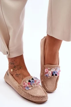 Modne Zamszowe Mokasyny Z Ozdobami Beżowe Delima Damskie Loafersy Damskie|Mokasyny Damskie Zamszowe