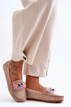 Modne Zamszowe Mokasyny Z Ozdobami Beżowe Delima Damskie Loafersy Damskie|Mokasyny Damskie Zamszowe