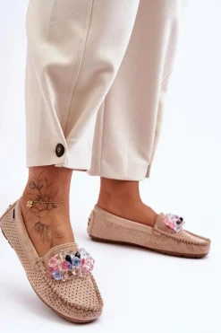 Modne Zamszowe Mokasyny Z Ozdobami Beżowe Delima Damskie Loafersy Damskie|Mokasyny Damskie Zamszowe