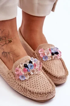Modne Zamszowe Mokasyny Z Ozdobami Beżowe Delima Damskie Loafersy Damskie|Mokasyny Damskie Zamszowe