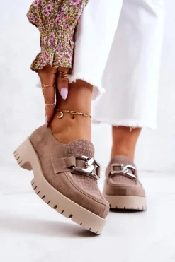 Sale Modne Zamszowe Półbuty Loafery Ciemnobeżowe Rayhan Damskie Półbuty Skórzane|Mokasyny Damskie Zamszowe