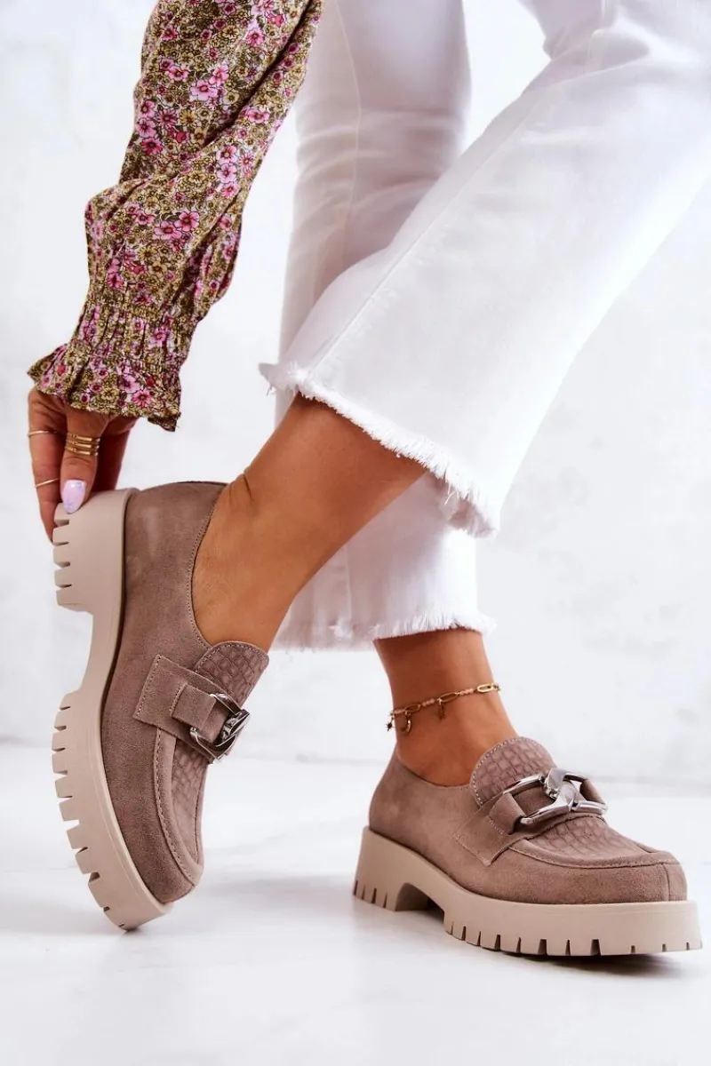 Sale Modne Zamszowe Półbuty Loafery Ciemnobeżowe Rayhan Damskie Półbuty Skórzane|Mokasyny Damskie Zamszowe