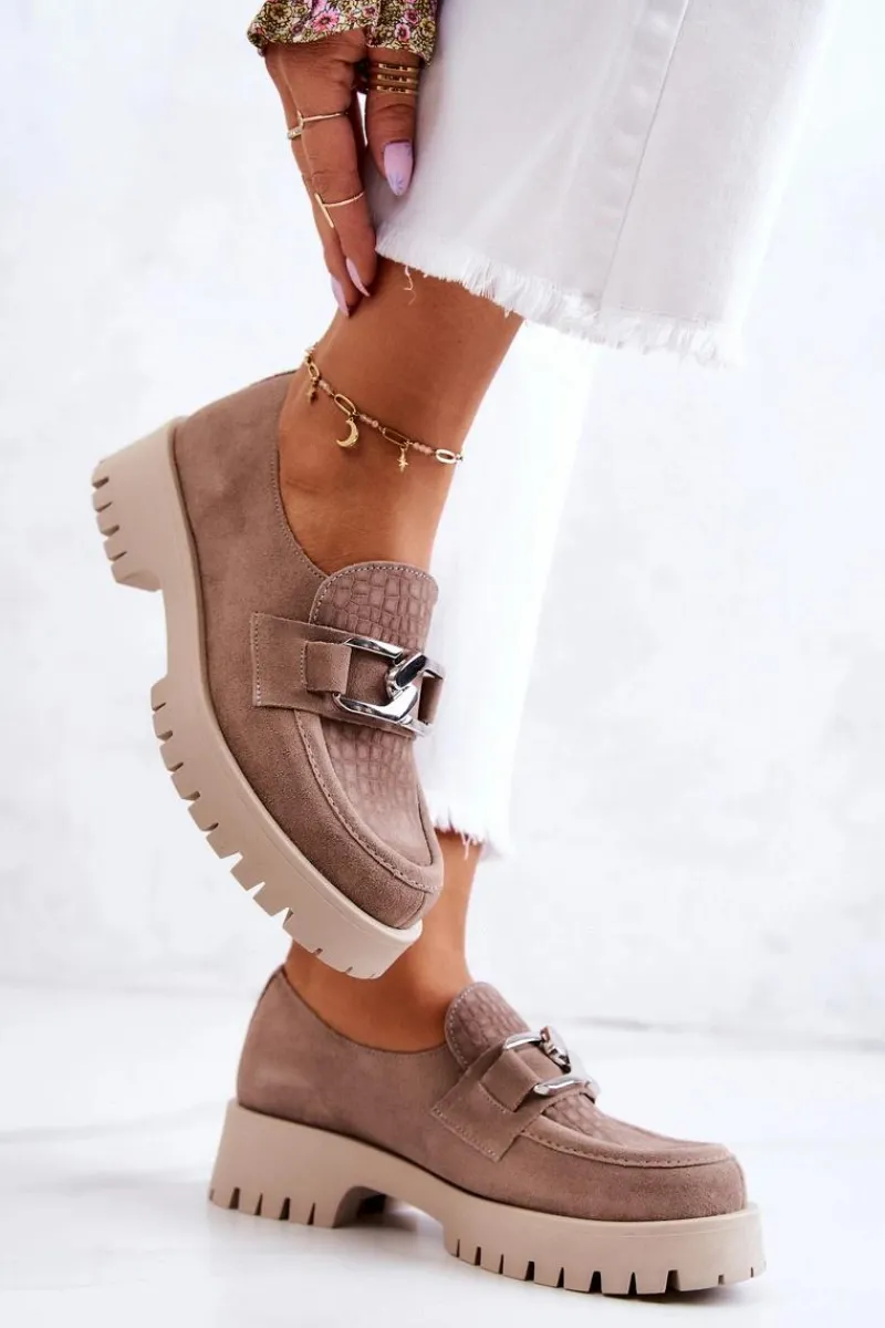 Sale Modne Zamszowe Półbuty Loafery Ciemnobeżowe Rayhan Damskie Półbuty Skórzane|Mokasyny Damskie Zamszowe