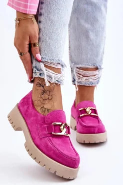 Sale Modne Zamszowe Półbuty Loafery Fuksja Lemar Rayhan Damskie Półbuty Skórzane|Mokasyny Damskie Zamszowe