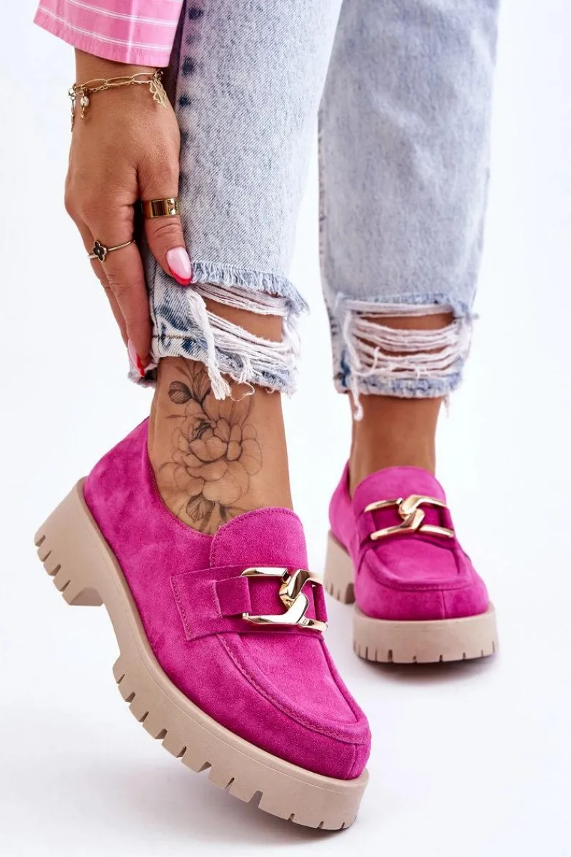 Sale Modne Zamszowe Półbuty Loafery Fuksja Lemar Rayhan Damskie Półbuty Skórzane|Mokasyny Damskie Zamszowe