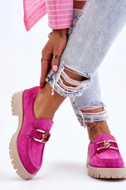 Sale Modne Zamszowe Półbuty Loafery Fuksja Lemar Rayhan Damskie Półbuty Skórzane|Mokasyny Damskie Zamszowe