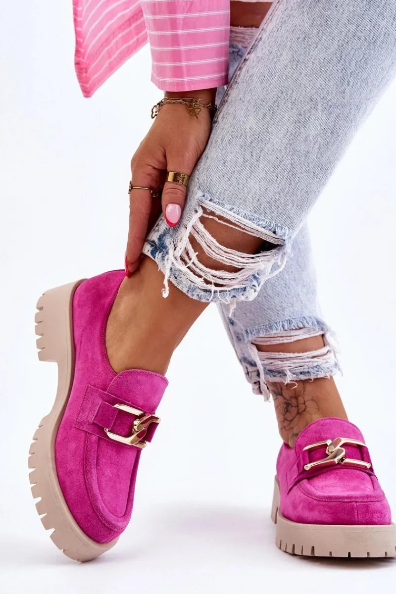 Sale Modne Zamszowe Półbuty Loafery Fuksja Lemar Rayhan Damskie Półbuty Skórzane|Mokasyny Damskie Zamszowe