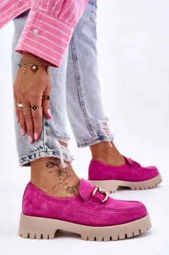 Sale Modne Zamszowe Półbuty Loafery Fuksja Lemar Rayhan Damskie Półbuty Skórzane|Mokasyny Damskie Zamszowe