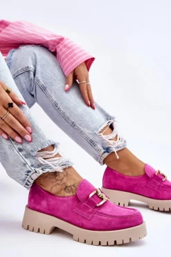 Sale Modne Zamszowe Półbuty Loafery Fuksja Lemar Rayhan Damskie Półbuty Skórzane|Mokasyny Damskie Zamszowe