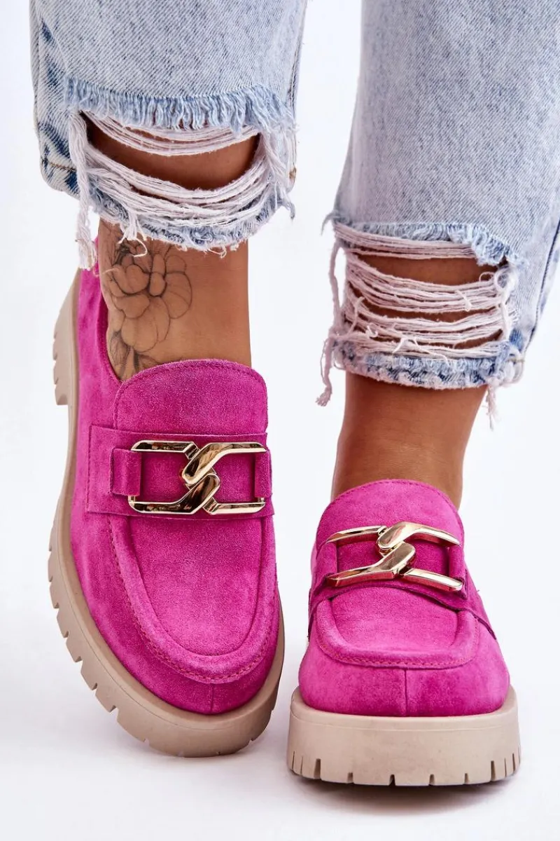Sale Modne Zamszowe Półbuty Loafery Fuksja Lemar Rayhan Damskie Półbuty Skórzane|Mokasyny Damskie Zamszowe