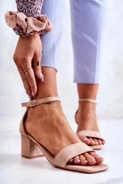 Discount Modne Zamszowe Sandały Na Słupku Beżowe Rovena Damskie Sandały Na Obcasie