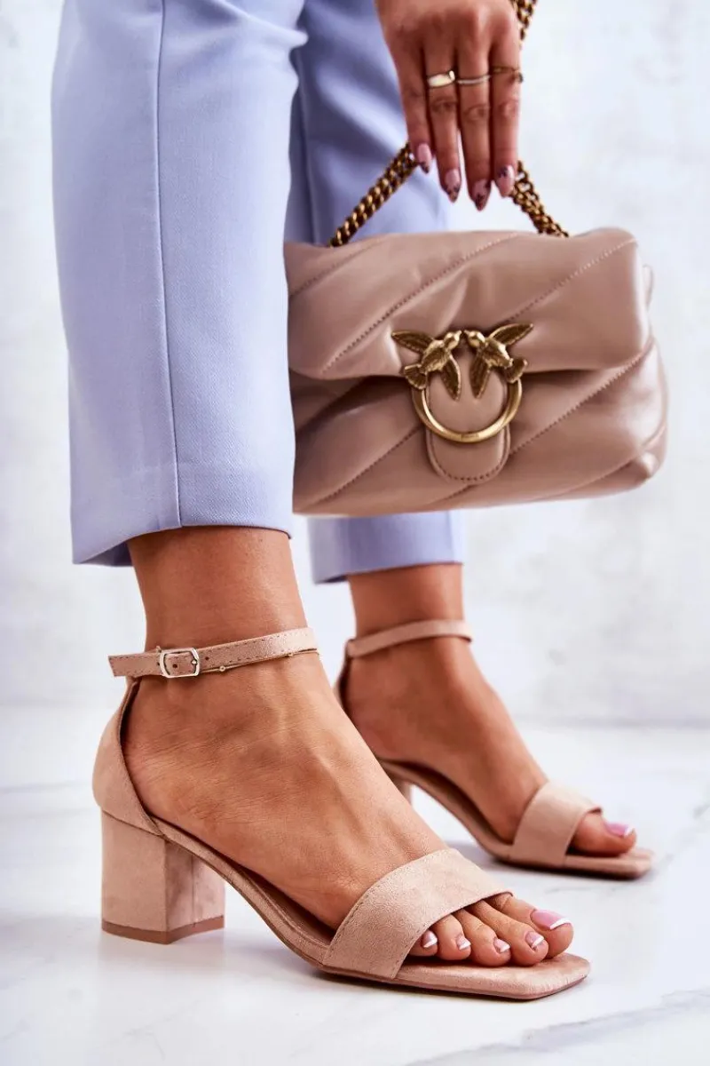 Discount Modne Zamszowe Sandały Na Słupku Beżowe Rovena Damskie Sandały Na Obcasie