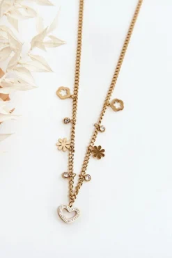 Clearance Modny Łańcuszek Z Kwiatami I Sercem Złoty Naszyjniki
