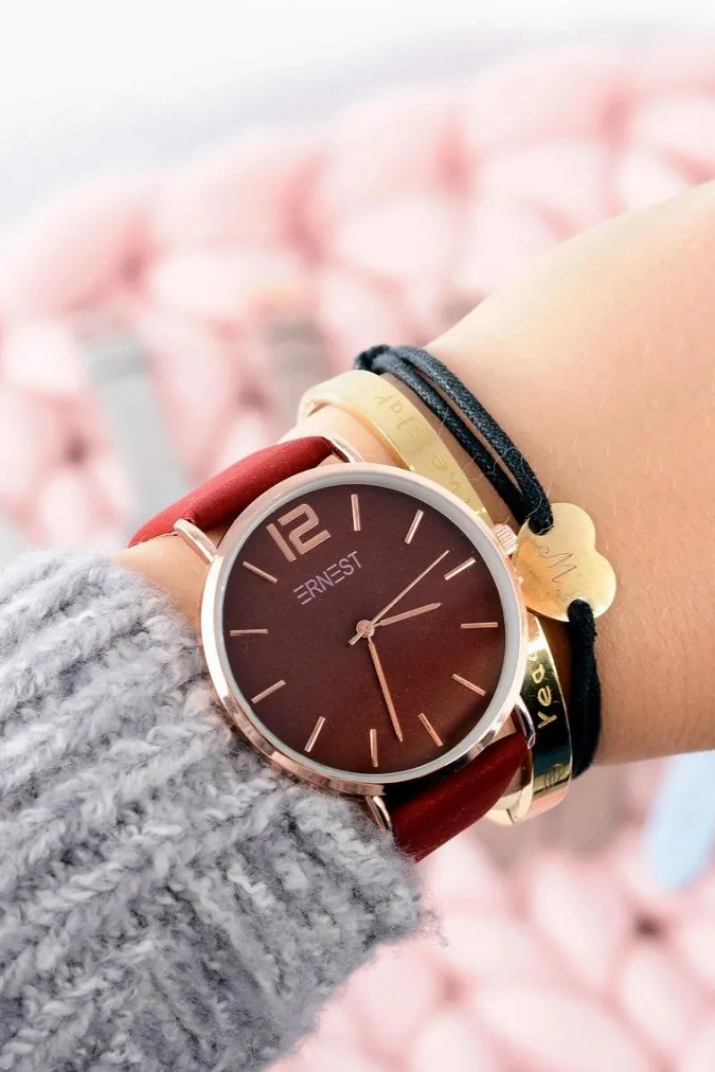 Zegarki>Ernest Modny Skórzany Bordowy Damski Zegarek