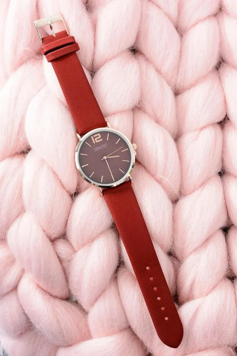 Zegarki>Ernest Modny Skórzany Bordowy Damski Zegarek