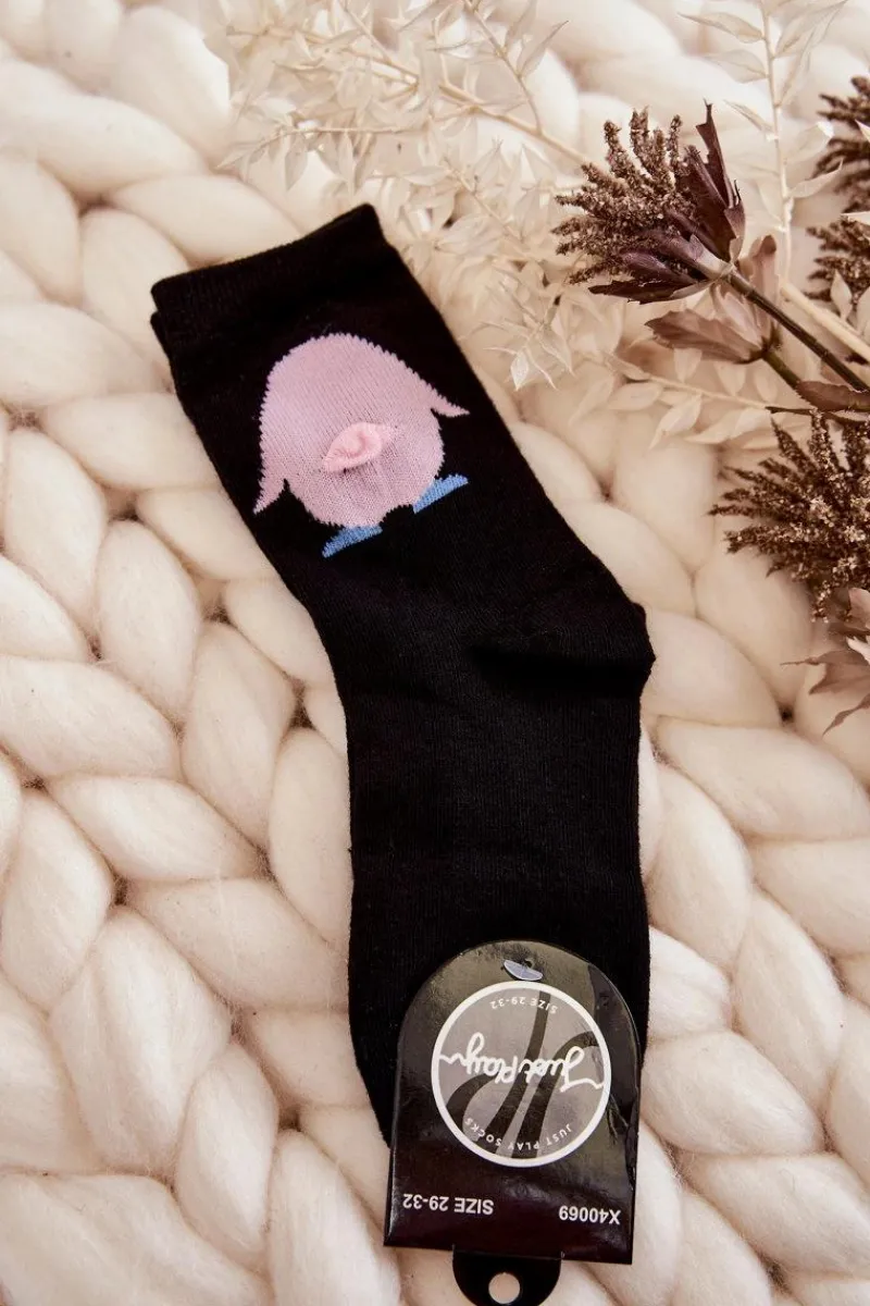 Skarpetki|Skarpetki>Just Play Młodzieżowe Bawełniane Skarpetki Różowy Pingwin Czarne