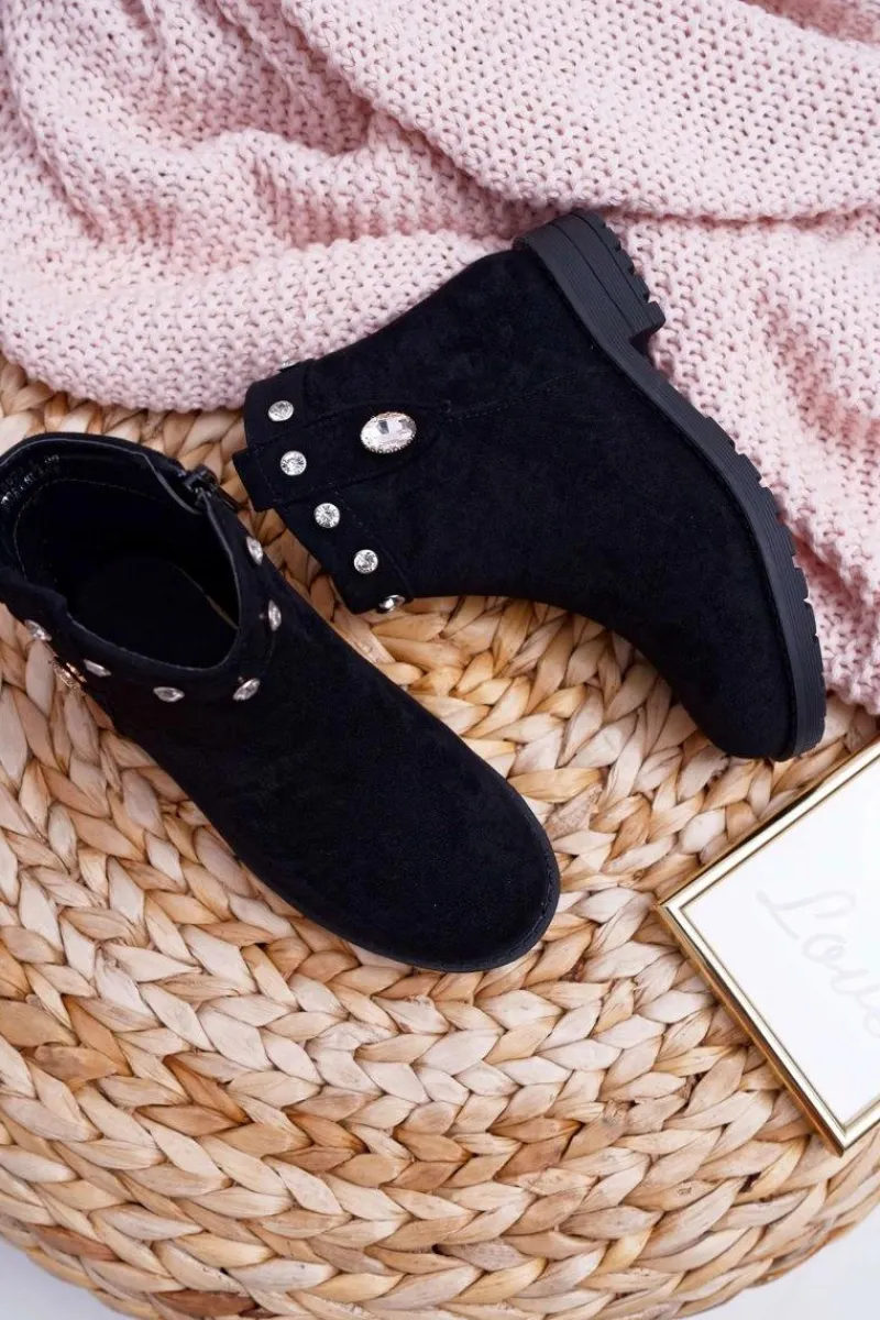 Hot Młodzieżowe Botki Czarne z Kryształkami Płaski Obcas Venici Dzieci Dziewczęce