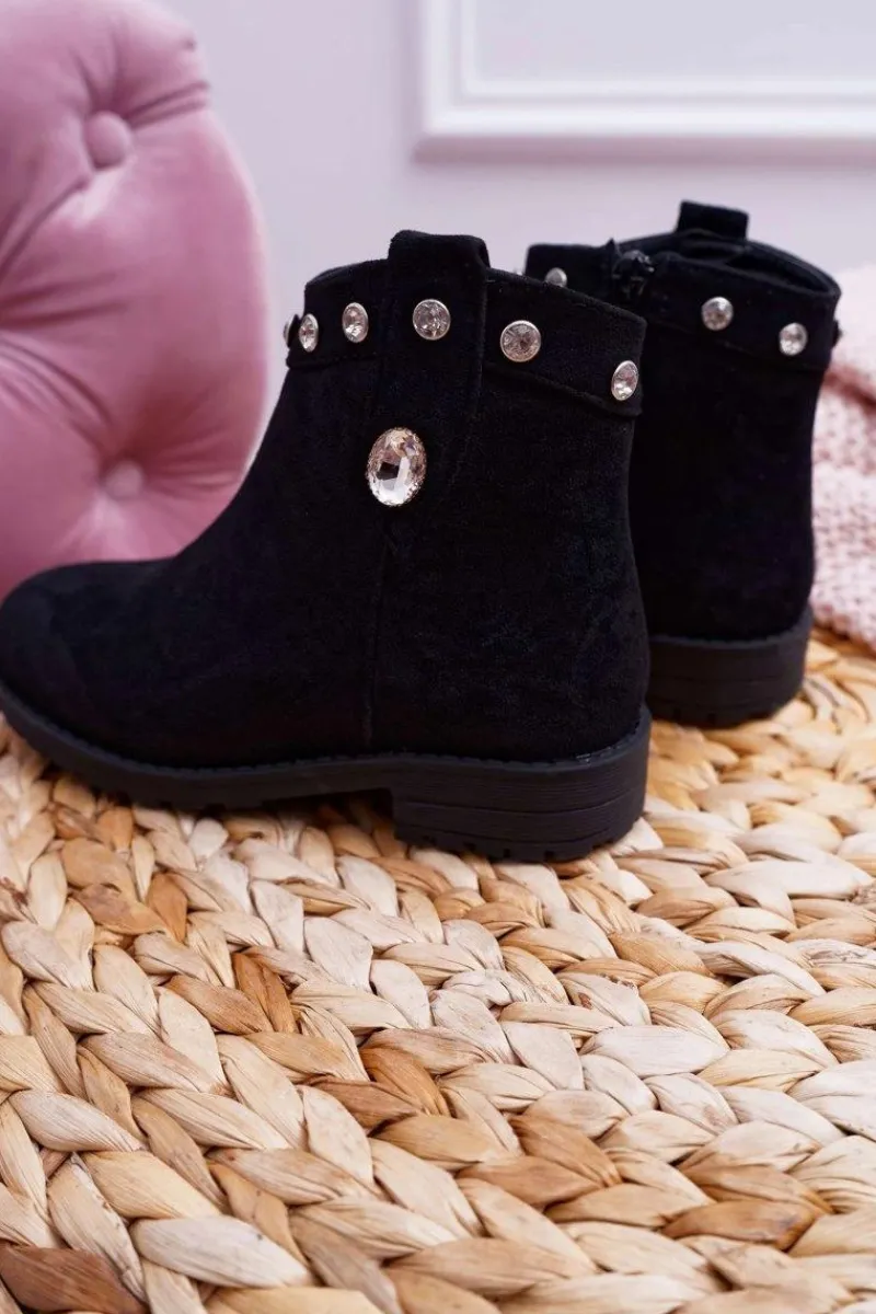 Hot Młodzieżowe Botki Czarne z Kryształkami Płaski Obcas Venici Dzieci Dziewczęce