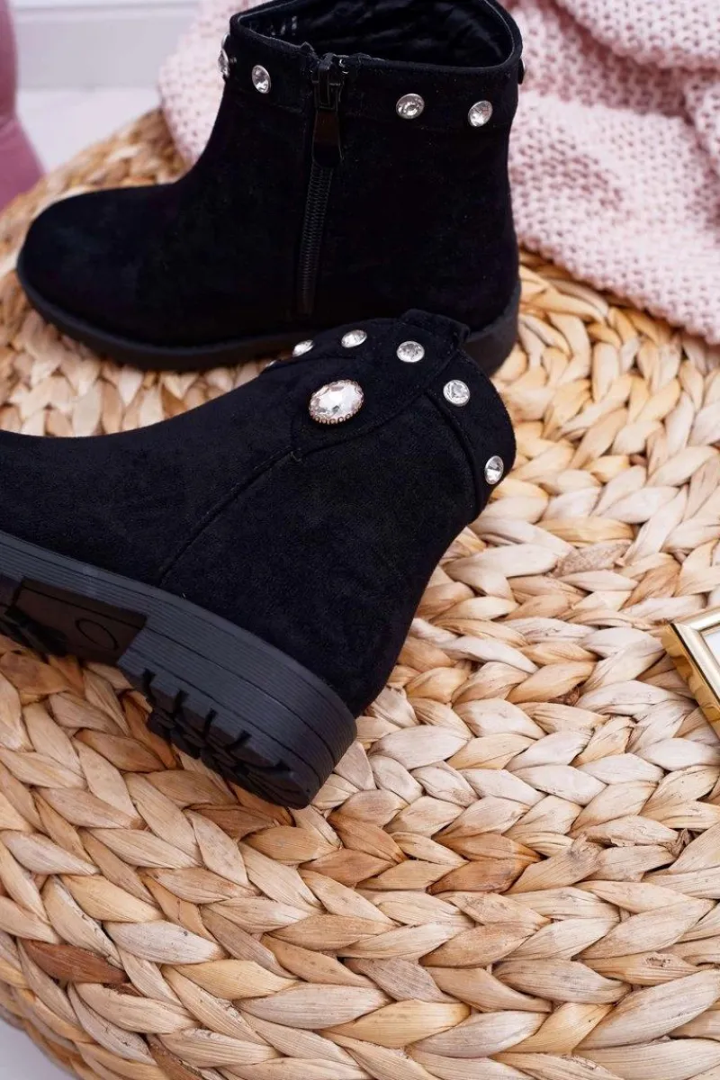 Hot Młodzieżowe Botki Czarne z Kryształkami Płaski Obcas Venici Dzieci Dziewczęce