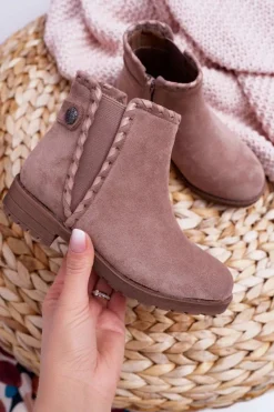 Clearance Młodzieżowe Botki Płaski Obcas Khaki Sicarro Dzieci Dziewczęce