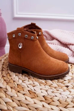 Dziewczęce></noscript>Boto Młodzieżowe Botki z Kryształkami Płaski Obcas Camel Venici