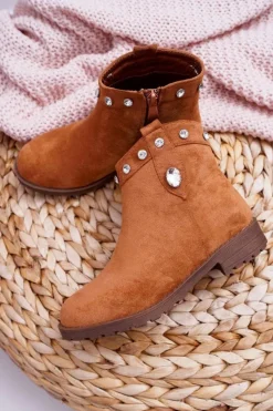 Dziewczęce></noscript>Boto Młodzieżowe Botki z Kryształkami Płaski Obcas Camel Venici