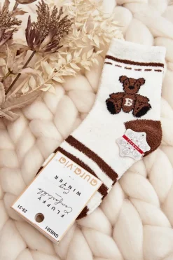 Online Aura.via Młodzieżowe Ciepłe Skarpety Z Misiem Biało-Brązowe Biały