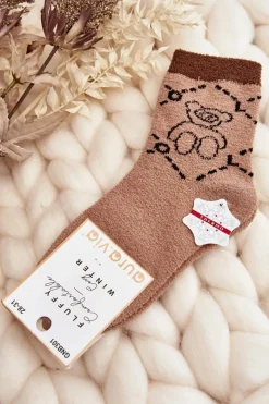 Skarpetki|Skarpetki>Aura.via Młodzieżowe Ciepłe Skarpety Z Misiem - Jasny Brąz Brązowy