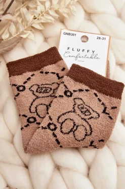 Skarpetki|Skarpetki>Aura.via Młodzieżowe Ciepłe Skarpety Z Misiem - Jasny Brąz Brązowy