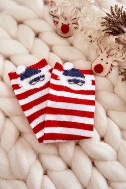 Clearance Młodzieżowe Skarpety W Paski Z Mikołajem Biało-Czerwone Skarpetki|Skarpetki