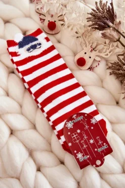 Clearance Młodzieżowe Skarpety W Paski Z Mikołajem Biało-Czerwone Skarpetki|Skarpetki