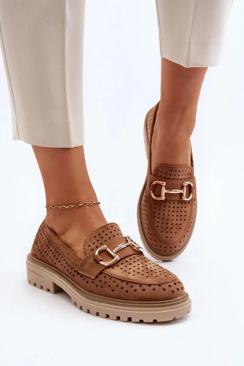 Sale Boto Mokasyny Damskie Ażurowe Z Ozdobą Camel Talesse Brązowy