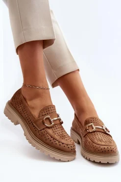 Sale Boto Mokasyny Damskie Ażurowe Z Ozdobą Camel Talesse Brązowy