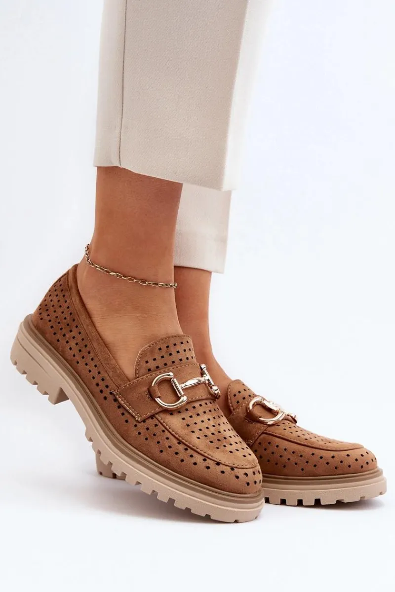 Sale Boto Mokasyny Damskie Ażurowe Z Ozdobą Camel Talesse Brązowy