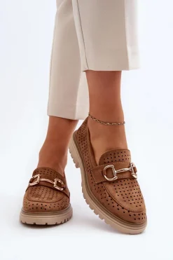 Sale Boto Mokasyny Damskie Ażurowe Z Ozdobą Camel Talesse Brązowy
