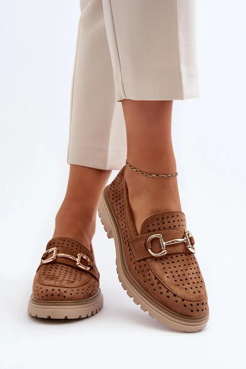 Sale Boto Mokasyny Damskie Ażurowe Z Ozdobą Camel Talesse Brązowy